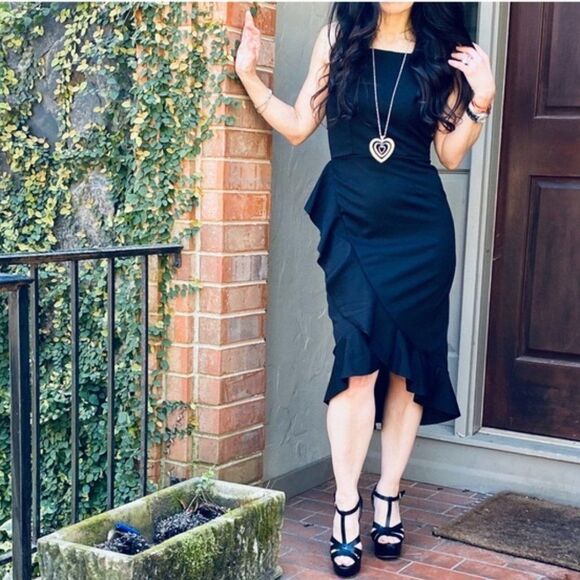 Black Sleeveless Ruffle Trimmed High Low Midi NEW - Picture 4 of 14